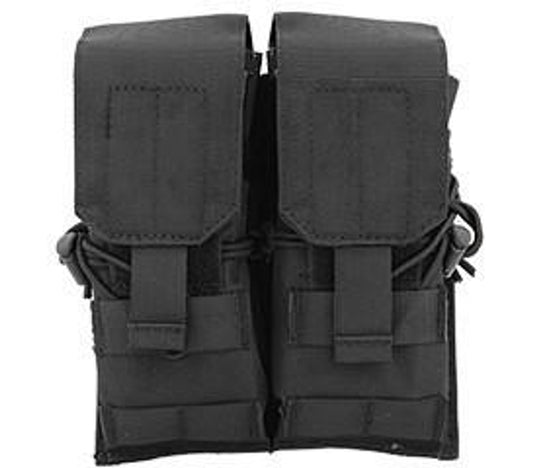 "Lancer Tactical Nylon Dual M4/M16/AK74 Magazine Pouch in Black, designed to hold two M4, M16, or AK74 magazines, featuring durable 600D nylon fabric, Velcro closures, and MOLLE compatibility for secure attachment to tactical gear