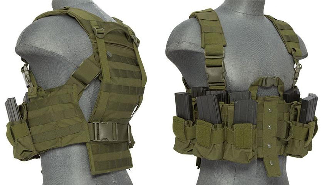 Lancer Tactical Nylon M4 Chest Harness in OD Green, left side and Right-side view of the Airsoft Chest Harness