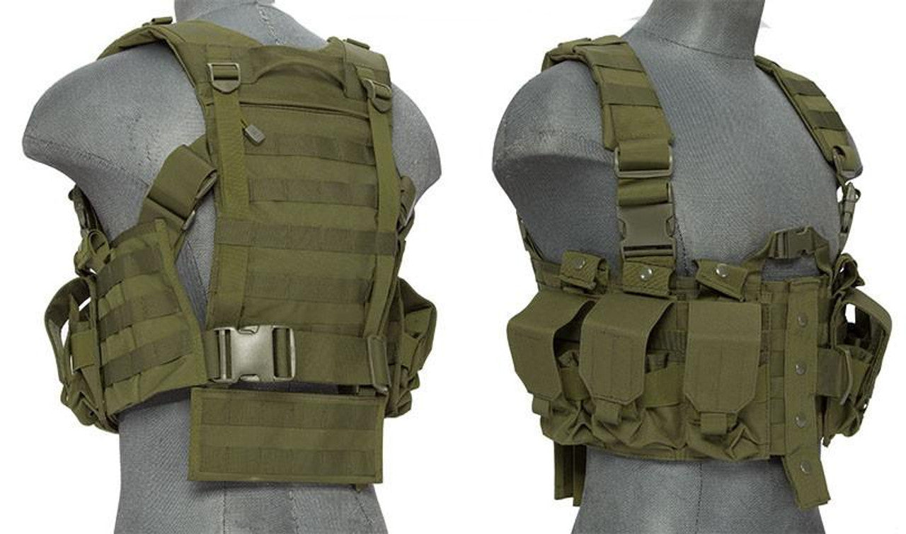 Lancer Tactical Nylon M4 Chest Harness in OD Green, Right angle back view and Left angle Front view.