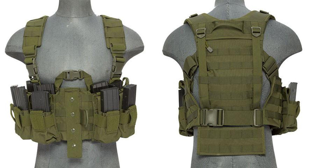 Lancer Tactical Nylon M4 Chest Harness in OD Green, Front view with airsoft magazine and Back view with adjustable straps