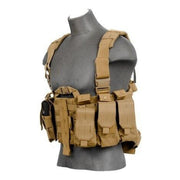 Lancer Tactical Nylon M4 Chest Harness in Tan, designed to hold up to 22 M4 style magazines, featuring durable 1000D polyester fabric, adjustable shoulder and waist straps, quick-release buckles, MOLLE compatibility, and a built-in hydration compartment.