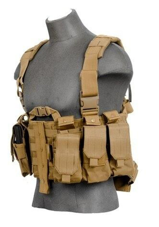 Lancer Tactical Nylon M4 Chest Harness in Tan, designed to hold up to 22 M4 style magazines, featuring durable 1000D polyester fabric, adjustable shoulder and waist straps, quick-release buckles, MOLLE compatibility, and a built-in hydration compartment.