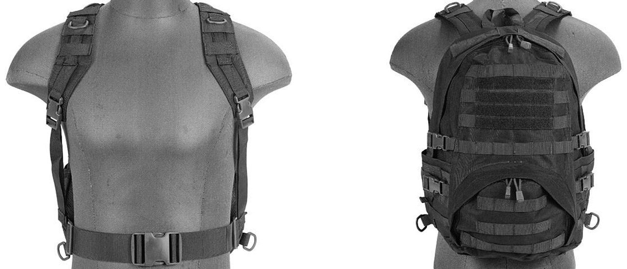 Lancer Tactical Black Patrol Backpack with MOLLE webbing, side zippered pockets, and padded back panel for tactical operations and outdoor use