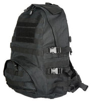 Side view of the Lancer Tactical Nylon Patrol Backpack, Black, featuring a large main compartment, front utility pouch, and padded shoulder straps