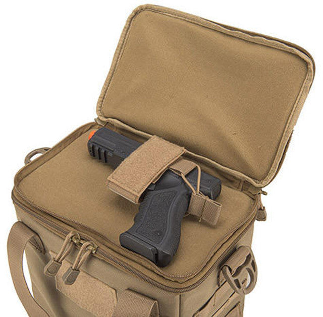 Lancer Tactical Nylon Pistol Range Bag Tan - Full View with Firearms and Accessories Stored Inside