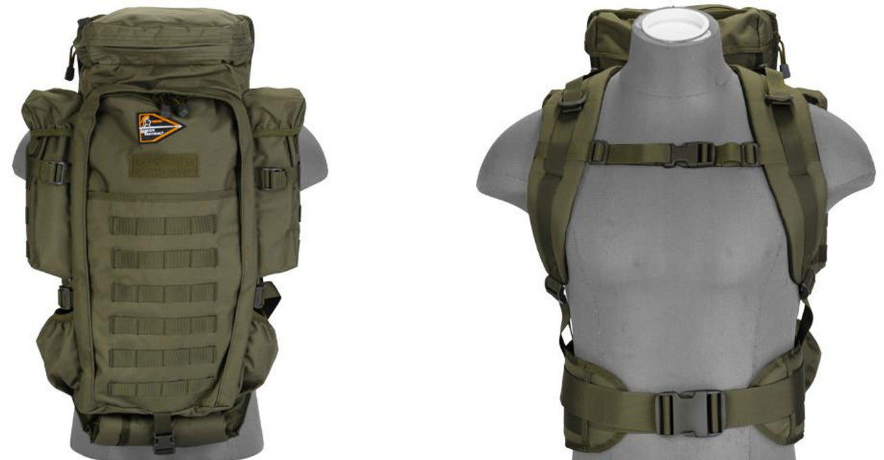 Lancer Tactical OD green rifle backpack - Back side view with Zippers, Pockets, and Straps Right side view of Chest and Wist strap
