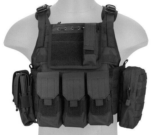 Lancer Tactical Assault Plate Carrier in Black – MOLLE Vest with Magazine and Utility Pouches