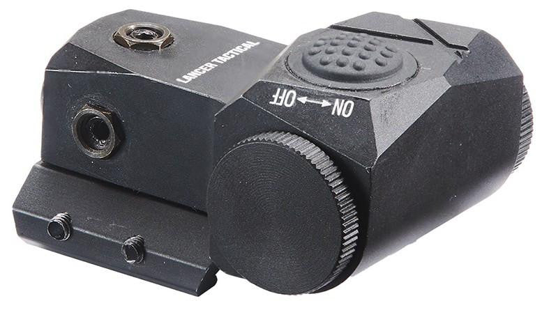 Lancer Tactical Picatinny single button green laser black aluminum left side view with on and off dialer 