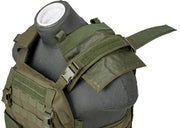 Lancer Tactical Quick Depart Plate Carrier in OD Green with MOLLE webbing, adjustable straps, and quick-release system for tactical use - Top view of the left shoulder strap off