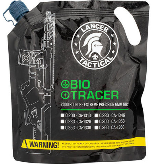 Lancer Tactical Seamless 0.20g Biodegradable Tracer Airsoft BBs, 2000 rounds, green color, eco-friendly, for night games and CQB.