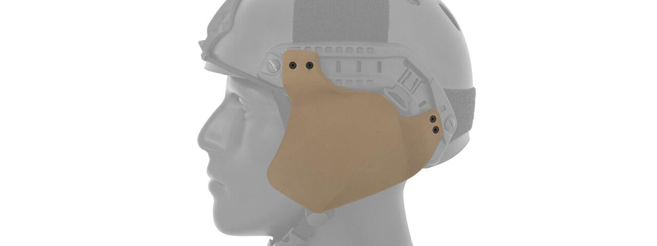 Side view of Lancer Tactical Side Covers for Military Style Railed Helmets in Tan, showing their secure fit and sleek design, available at Gray Dragon Airsoft