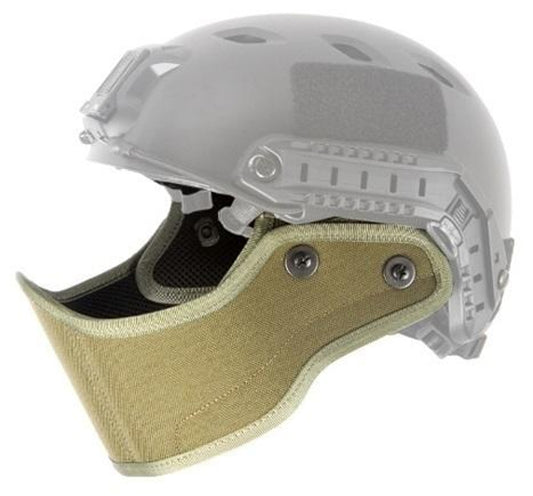 "Lancer Tactical SpecOps Military Style Helmet Face Mask in OD Green, featuring durable nylon construction, padded comfort, lightweight design, and helmet compatibility for airsoft protection