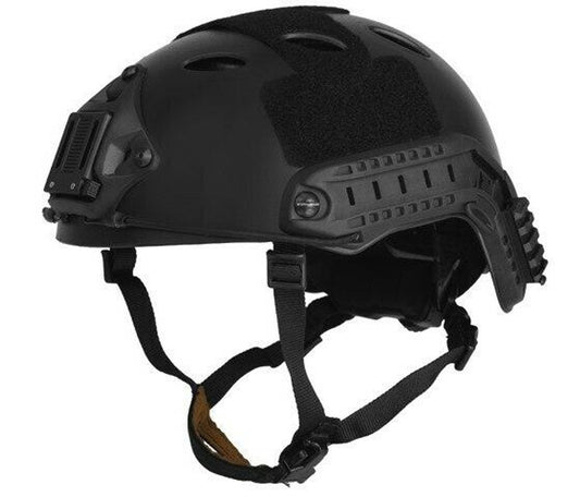 Lancer Tactical SpecOps Military Style Helmet PJ Type with Rails and Velcro in Black – Front view showcasing the sleek design and adjustable chin strap