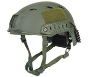 Front view of Lancer Tactical SpecOps Military NVG Helmet with Rails in OD Green, showcasing the NVG shroud, adjustable straps, and sleek design, available at Gray Dragon Airsoft