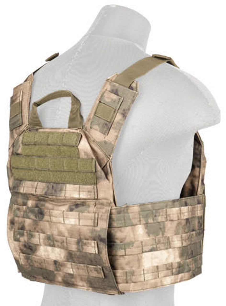 Lancer Tactical AT-FG Camo MOLLE vest for airsoft and tactical operations - Back side view with right ange