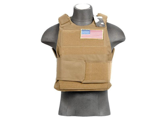 Lancer Tactical Tan Airsoft Body Armor Vest, designed for protection and comfort during airsoft 