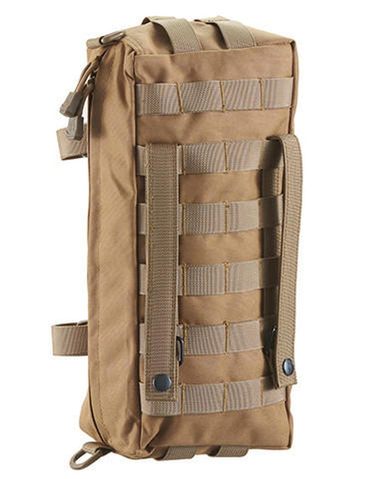 Khaki Lancer Tactical Vertical General Purpose Pouch, lightweight at 6.4 oz (0.4 lbs), made from durable nylon fabric, measures 8"x6.5"x3", versatile with MOLLE webbing for tactical use