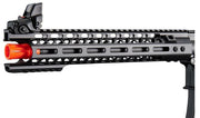 Lancer Tactical Wirecutter M4 12-inch full Metal gas blowback airsoft Rifle - muzzle, front sight, and picatinny rail