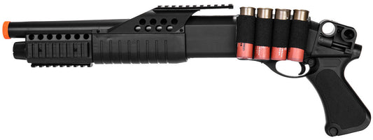 Close-up view of the AMA Spring RIS Pistol Grip Airsoft Shotgun in black finish