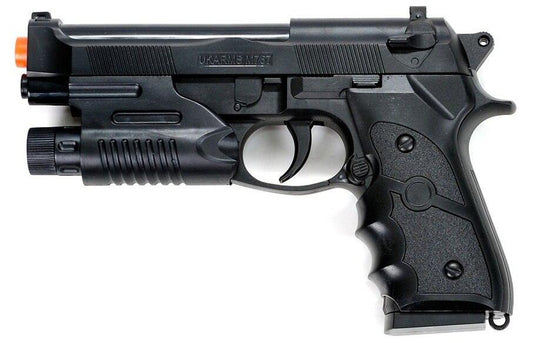 M9 style black airsoft spring pistol with built-in red laser sight