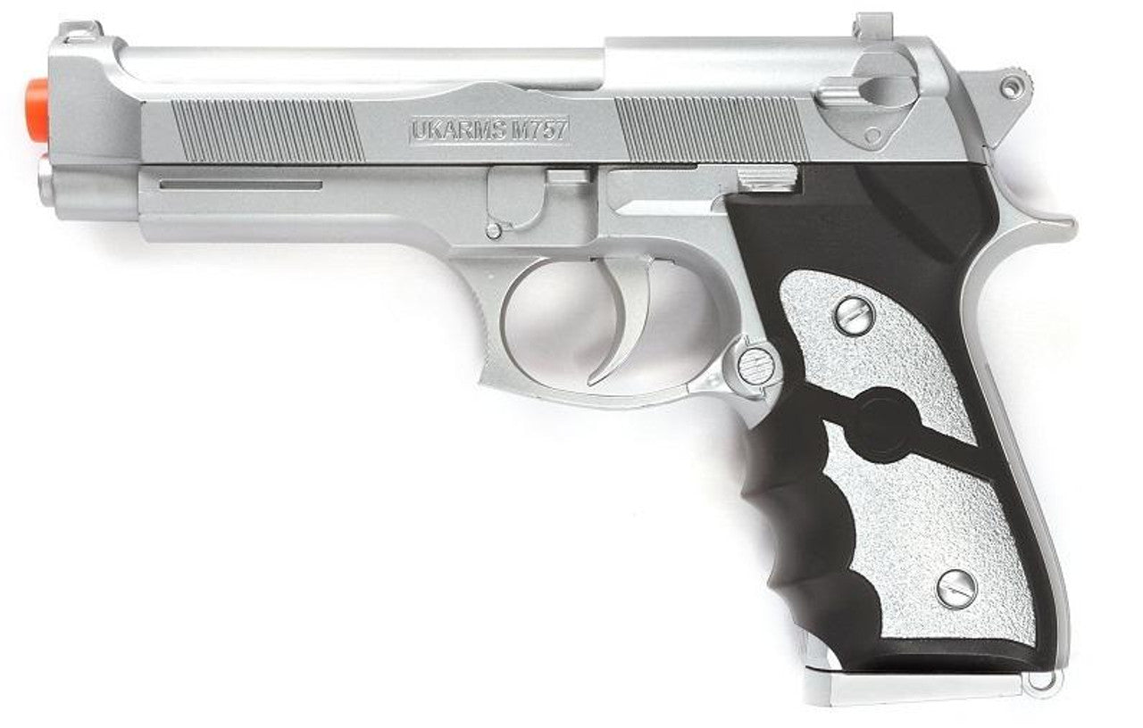 Two-tone black and silver M9 style airsoft spring pistol with built-in red laser sight