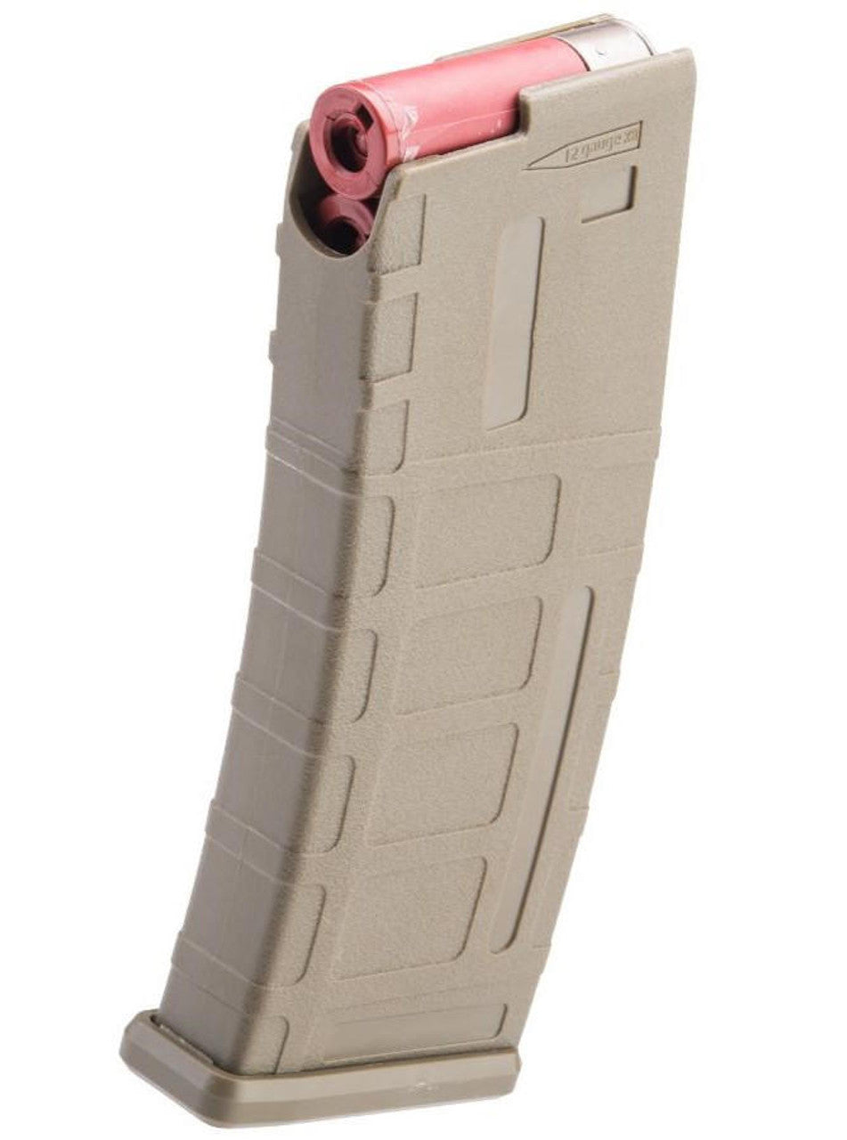 Matrix AR15 Magazine Shaped Shotgun Shell Quick Holder in Tan, designed to hold shotgun shells, featuring durable construction and a convenient quick-release mechanism for easy access. Note: This item is not an Airsoft Magazine, it is actually an AR15 Shotgun shell holder.