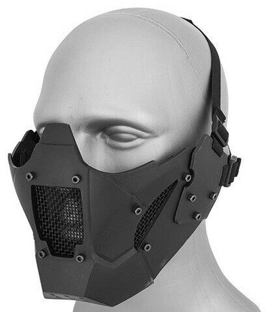 Mesh & Polymer Retro Mecha Lower Face Mask in black, featuring steel mesh ventilation, durable nylon polymer construction, and adjustable straps for comfortable airsoft protection.