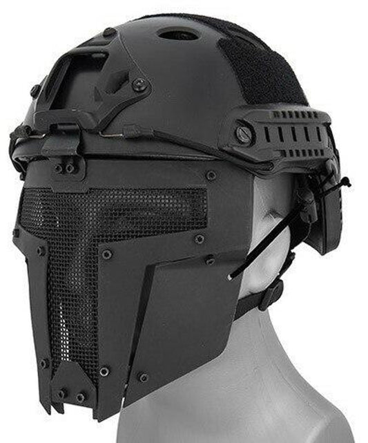 "Black mesh mask face shield designed for airsoft helmet systems, made with steel mesh and nylon polymer.