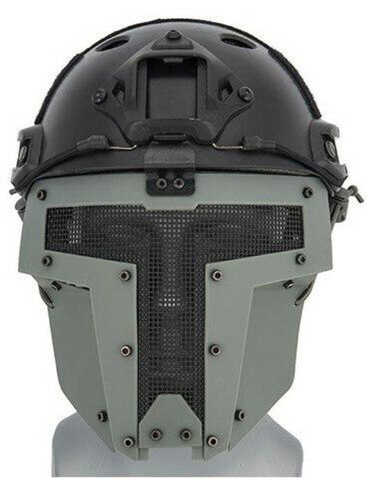 "Mesh Mask Face Shield in gray for airsoft helmet systems, featuring durable steel mesh construction, breathable design, and secure helmet attachment for tactical protection.