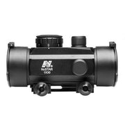 NcSTAR DBB130 30mm tubular red dot optic with integrated accessory rails, flip-up lens caps, and mounting hardware with closed back and front lease covers