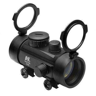 NcSTAR DBB130 30mm tubular red dot optic with integrated accessory rails, flip-up lens caps, and mounting hardware