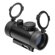 NcSTAR DBB130 30mm tubular red dot optic with integrated accessory rails, flip-up lens caps, and mounting hardware show control dials
