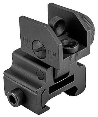NcStar MARFLR AR15 flip-up rear iron sight in matte black, made of CNC aluminum and steel for Picatinny rails