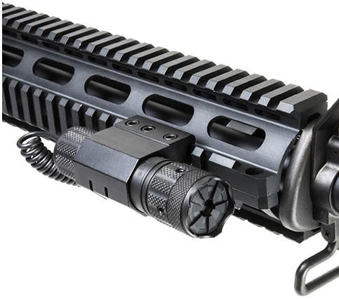 NcStar pressure pad green laser black mounted on airsoft Weaver Picatinny rail