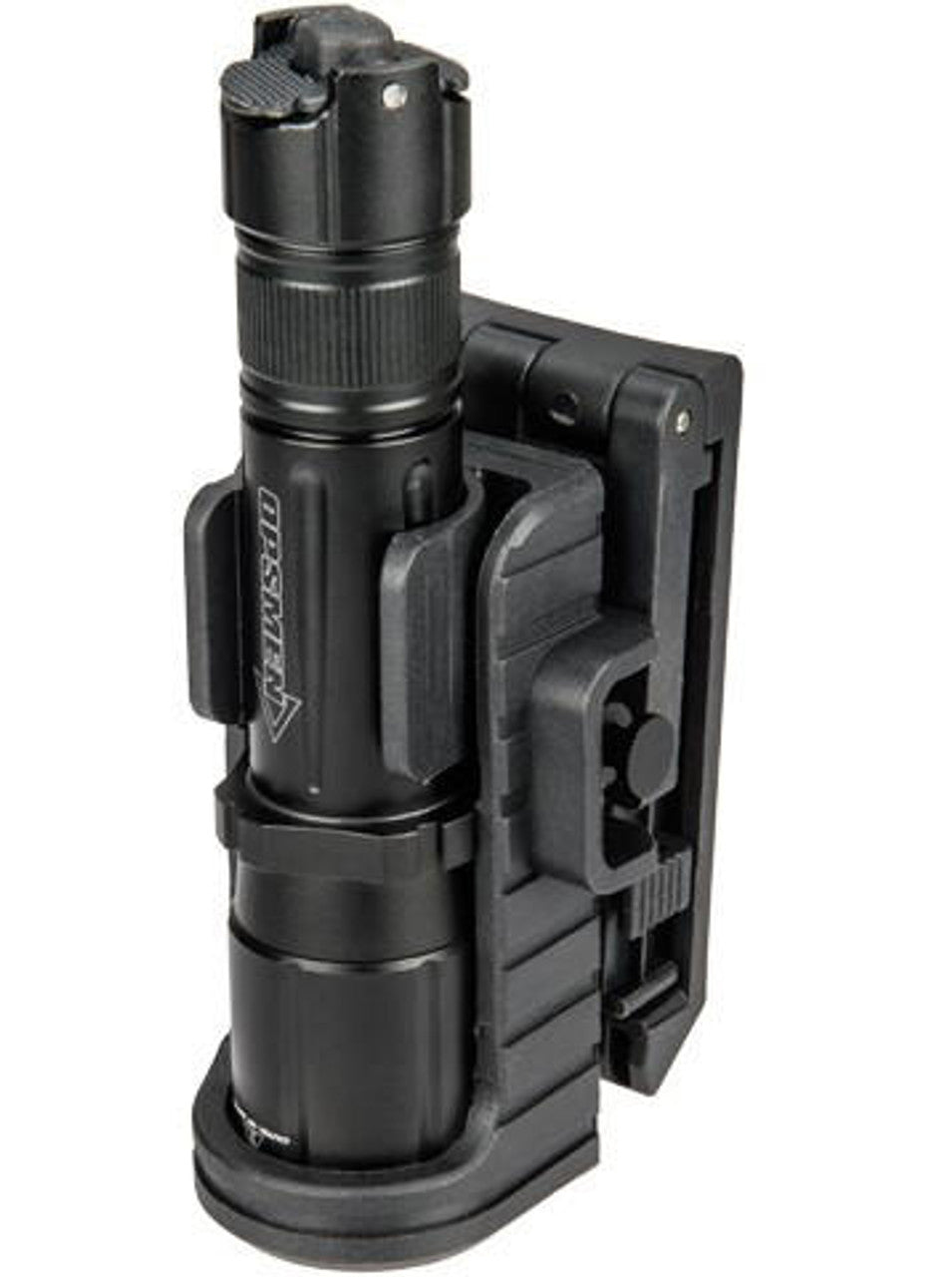 "Opsmen Adjustable Tactical Flashlight Speed Holster, Black - High-strength polymer holster with 360-degree rotation, firm belt clip for quick deployment, and compatibility with Opsmen FAST 501 and 501A tactical flashlights. Ideal for law enforcement, military personnel, and outdoor enthusiasts.