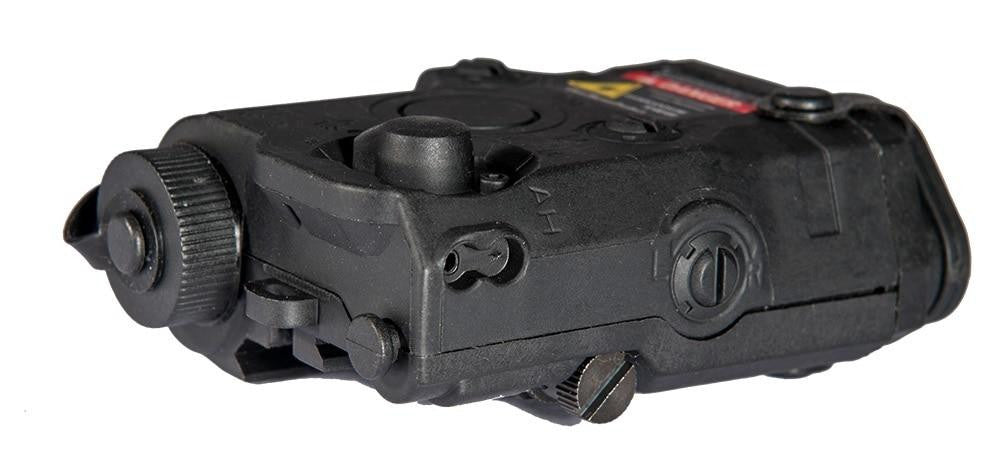 Lancer Tactical PEQ-15 battery box and integrated red laser module in matte black back side view