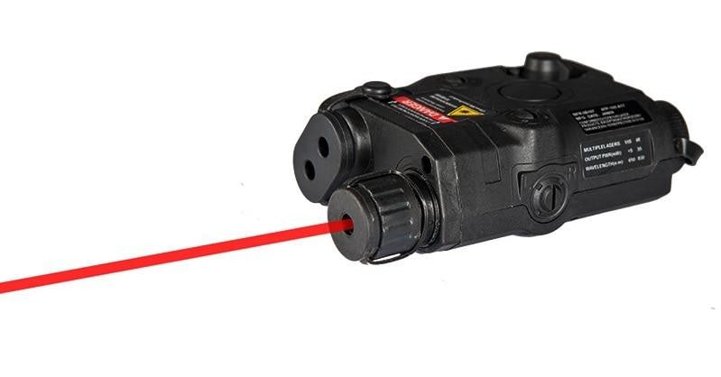 Lancer Tactical PEQ-15 battery box and integrated red laser module in matte black showing red laser