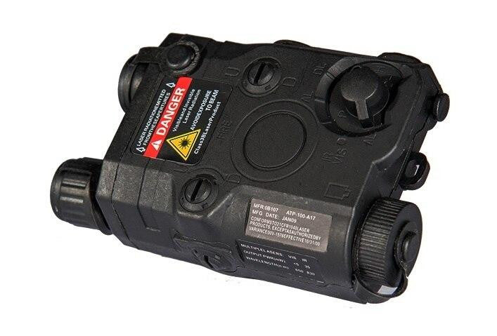 Lancer Tactical PEQ-15 battery box and integrated red laser module in matte black showing left side with control switch