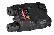 Lancer Tactical PEQ-15 battery box and integrated red laser module in matte black for airsoft rifles.