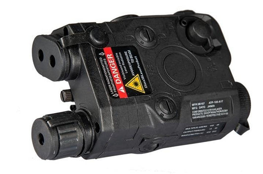 Lancer Tactical PEQ-15 battery box and integrated red laser module in matte black for airsoft rifles.