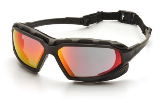 Pyramex Highlander Plus safety goggles with a Sky Red Mirror Lens, offering full-seal eye protection, lightweight design, and UV glare reduction, ideal for airsoft and outdoor activities.