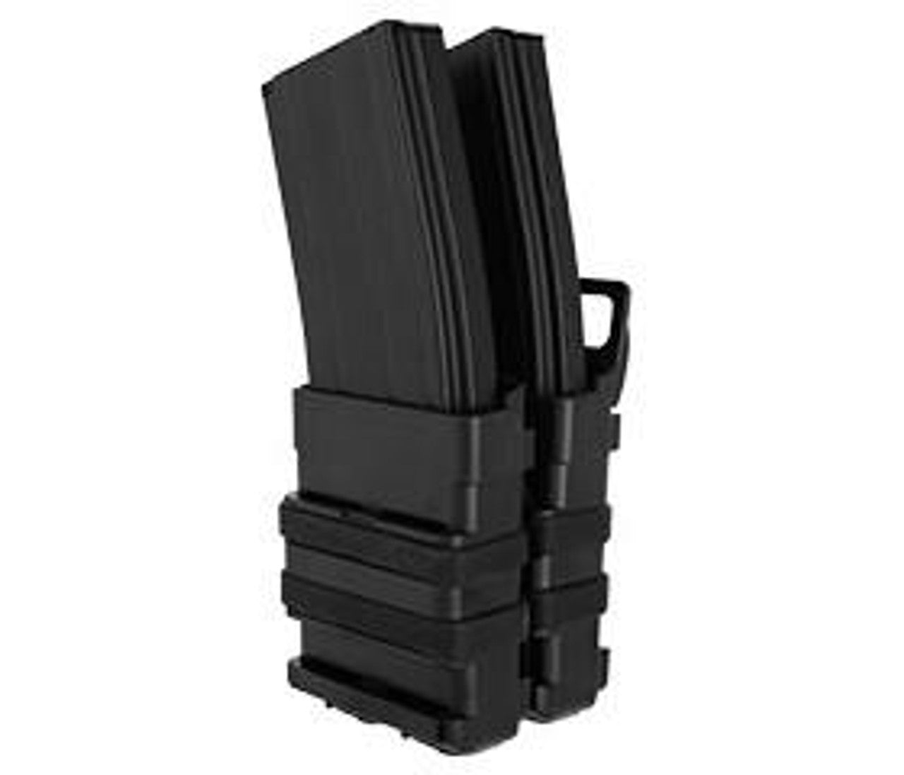 Quick Double M4 Magazine Pouch, Black, designed to hold two AR/M4 magazines, featuring durable nylon fabric, rubber band retention, and MOLLE compatibility for secure attachment to tactical gear.