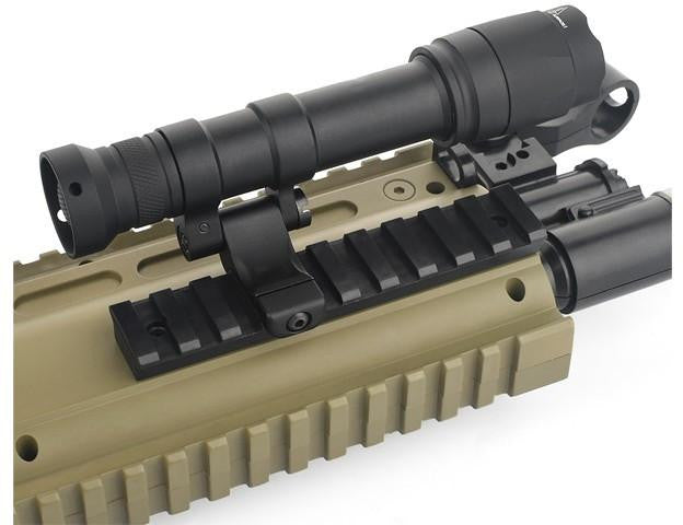 Ranger Armory M-LOK 500 lumen tactical flashlight black with pressure switch mounted on Pitney rail on Airsoft Rifle