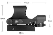 Raptors Airsoft Quad Reticle Red Dot Sight – Red/Green Multi-Reticle, Black showing the measurement of the red dot sight