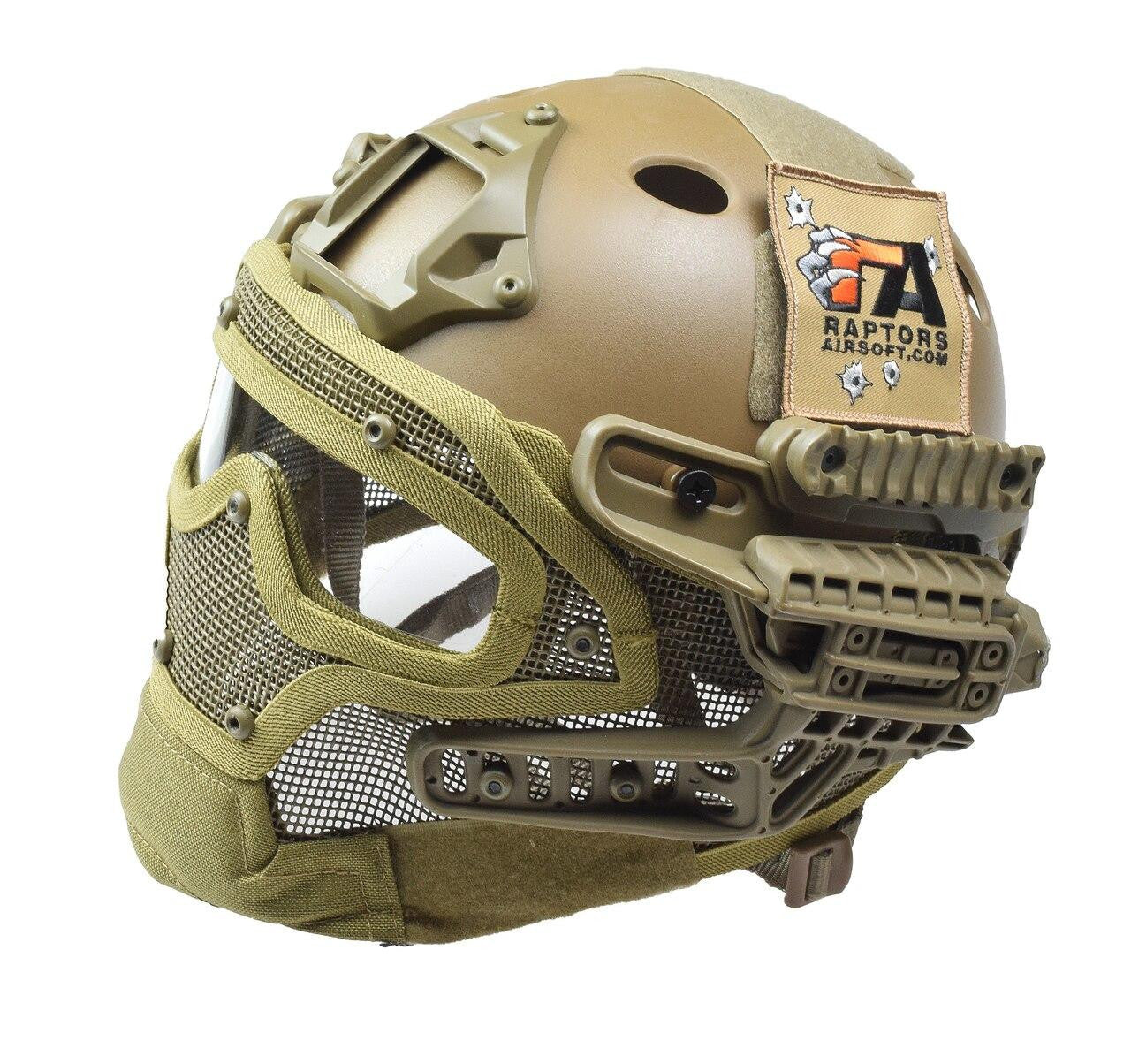 RTQ G4 System PJ helmet in FDE/Tan with a full mesh face mask for airsoft protection