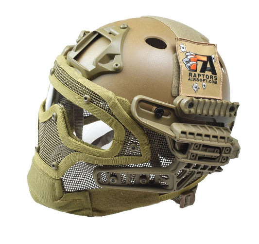 RTQ G4 System PJ helmet in FDE/Tan with a full mesh face mask for airsoft protection