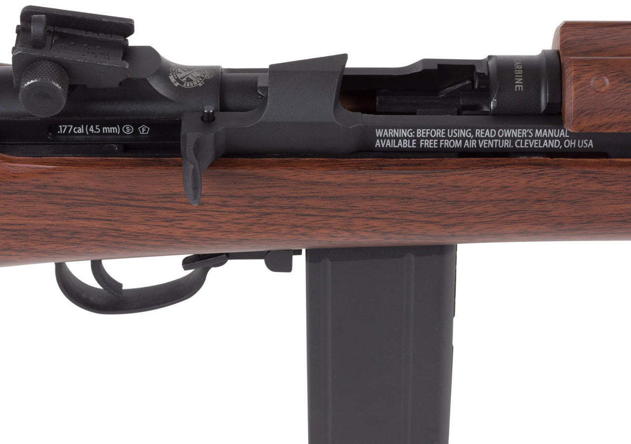 Springfield Armory M1 Carbine Blowback CO2 .177cal Air Rifle view of trigger, safety switch, magazine, and rear sight