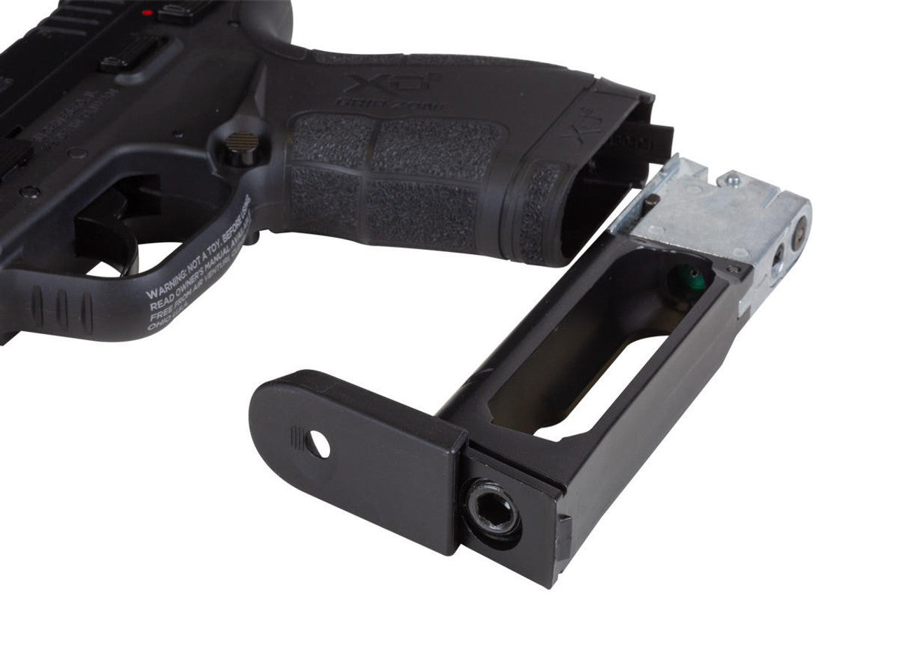 Springfield Armory XD(E) BB Pistol magazine compartment and Springfield Armory XDE .177 Cal CO2 18rds BB Magazine lying flat