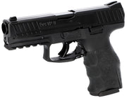 Left angle view of the Black T4E HK VP9 .43 caliber CO2 paintball pistol showing the muzzle, trigger, and safety switch