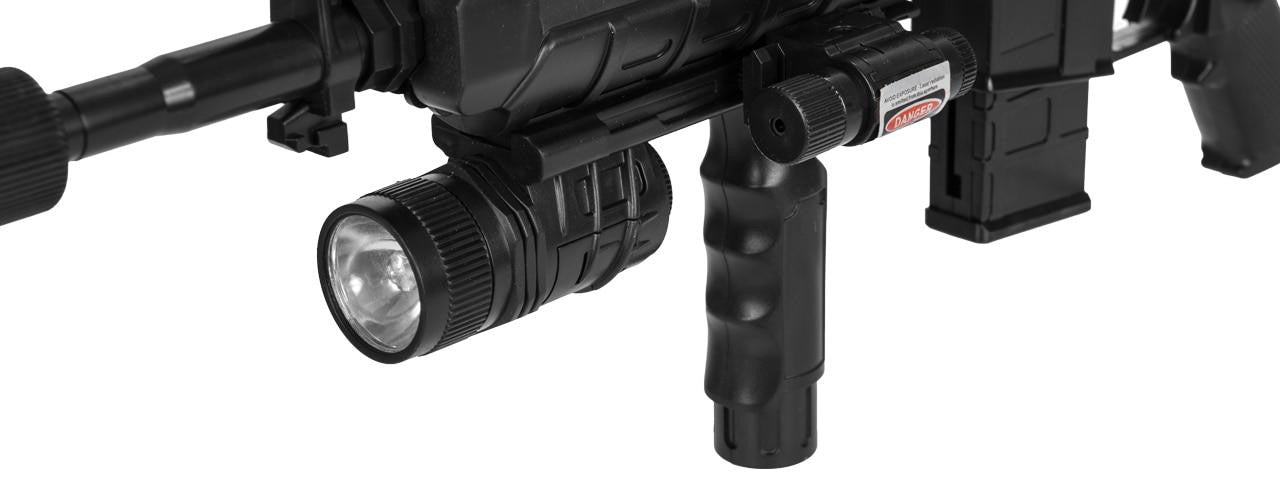 Close-up of spring-powered M4 airsoft rifle showing Picatinny rail and adjustable stock